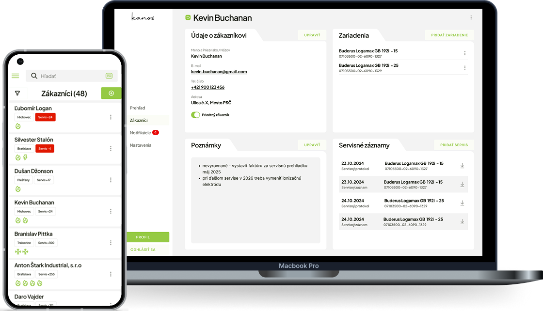 CRM dashboard s prehľadom zákazníkov a zariadení